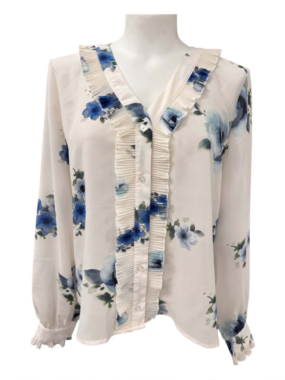 Ricki's NWT Cream Button-Down Blouse with Blue Floral Print Size M
